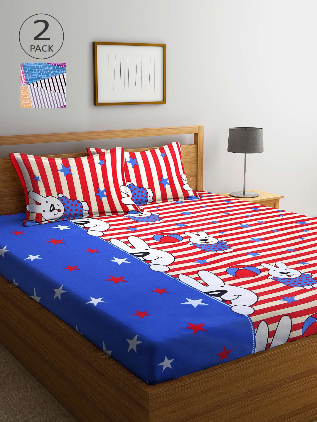 

Arrabi Red & Blue Graphic 300 TC 2 King Bedsheet with 4 Pillow Covers
