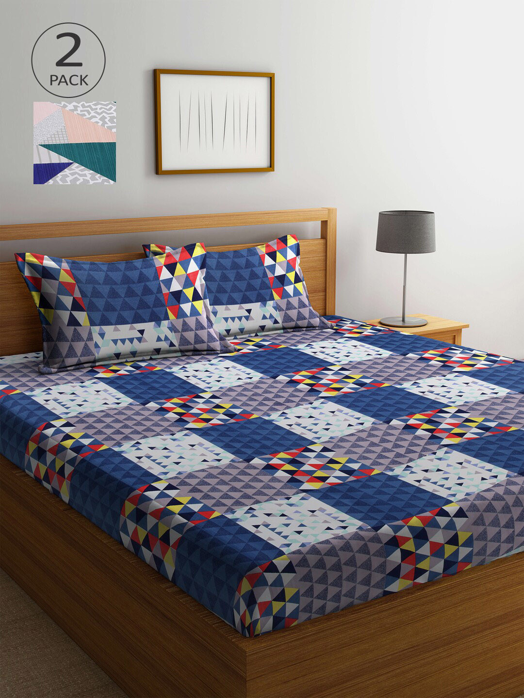 

Arrabi Pack Of 2 Blue & Pink Geometric 300 TC 2 King Bedsheet with 4 Pillow Covers