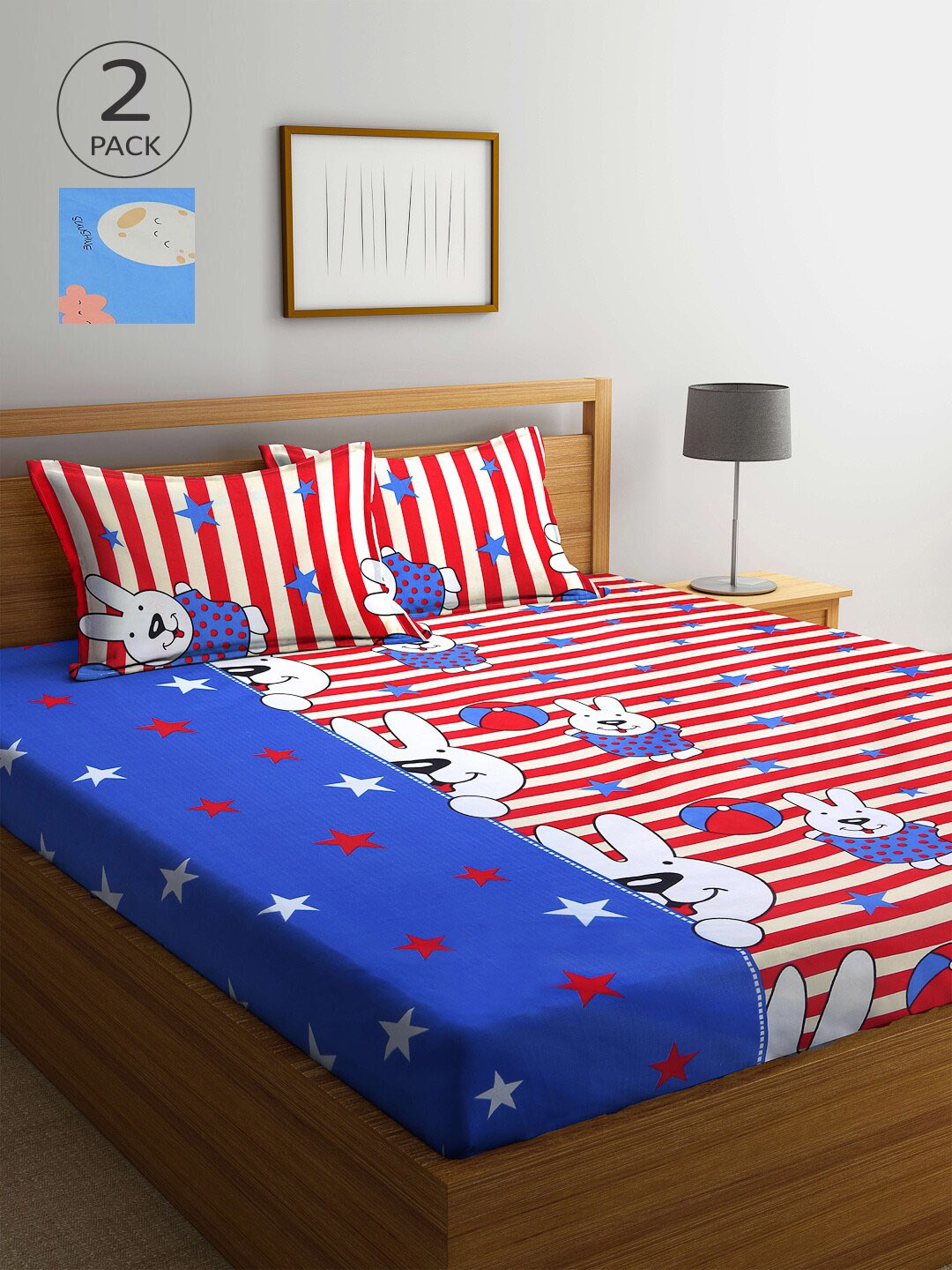 

Arrabi Set Of 2 Blue & Red Graphic 300 TC 2 King Bedsheet with 4 Pillow Covers
