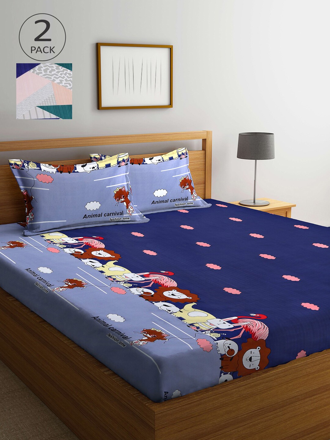 

Arrabi Pink & Blue Cartoon Characters 300 TC 2 King Bedsheet with 4 Pillow Covers