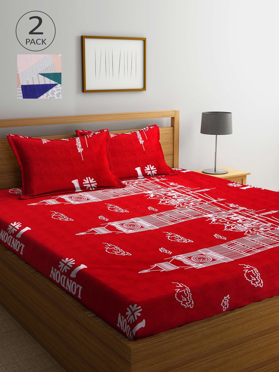 

Arrabi Unisex Pack of 2 Multi Graphic Double Bedsheet with Pillow Covers, Red