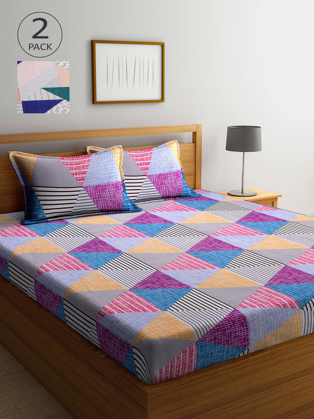 

Arrabi Grey & Purple Graphic 300 TC 2 King Bedsheet with 4 Pillow Covers