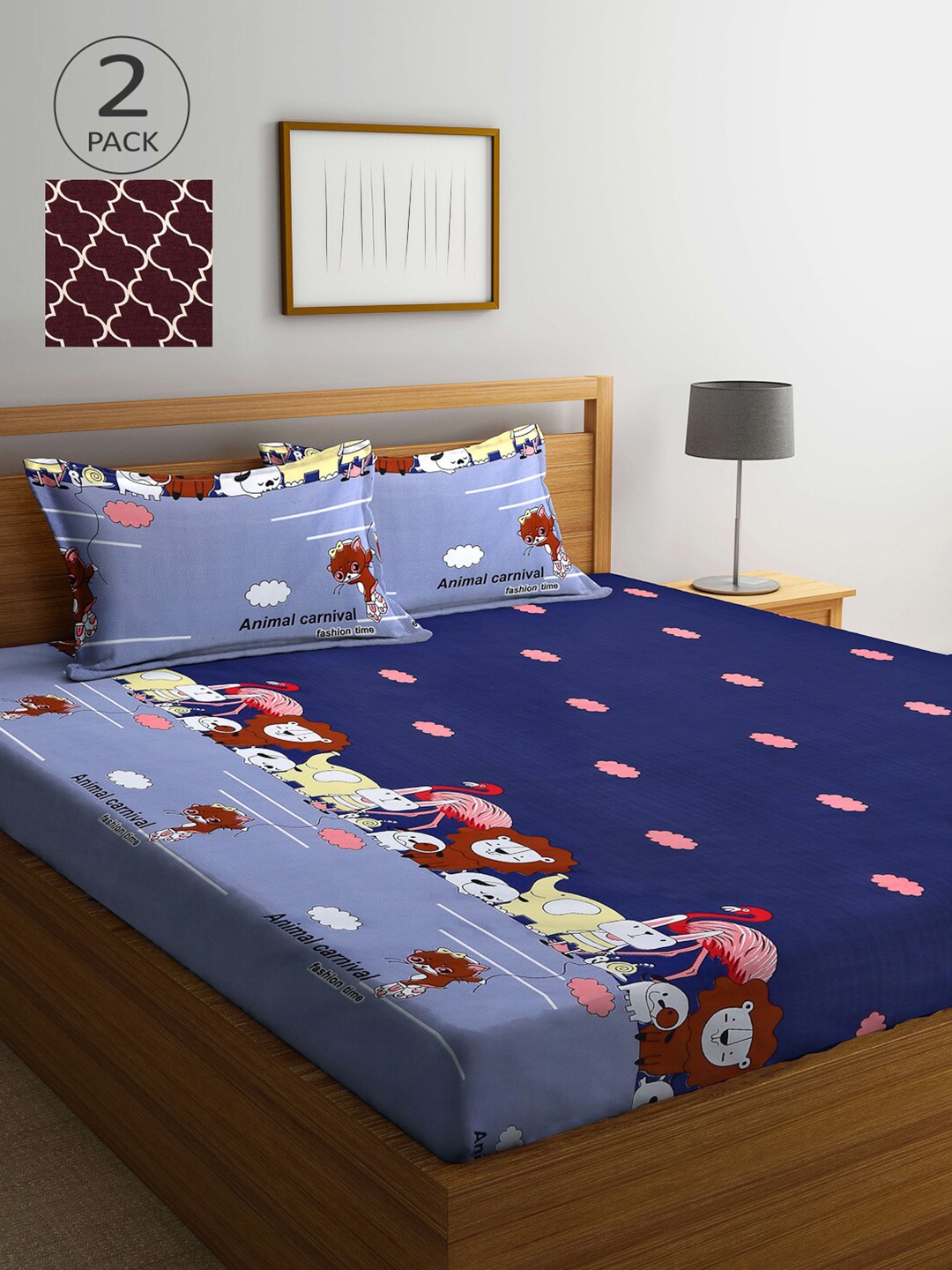 

Arrabi Blue & Pink Graphic 300 TC 2 King Bedsheet with 4 Pillow Covers
