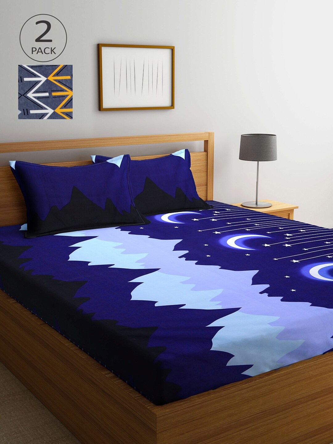 

Arrabi Blue & Grey Graphic 300 TC 2 King Bedsheet with 4 Pillow Covers