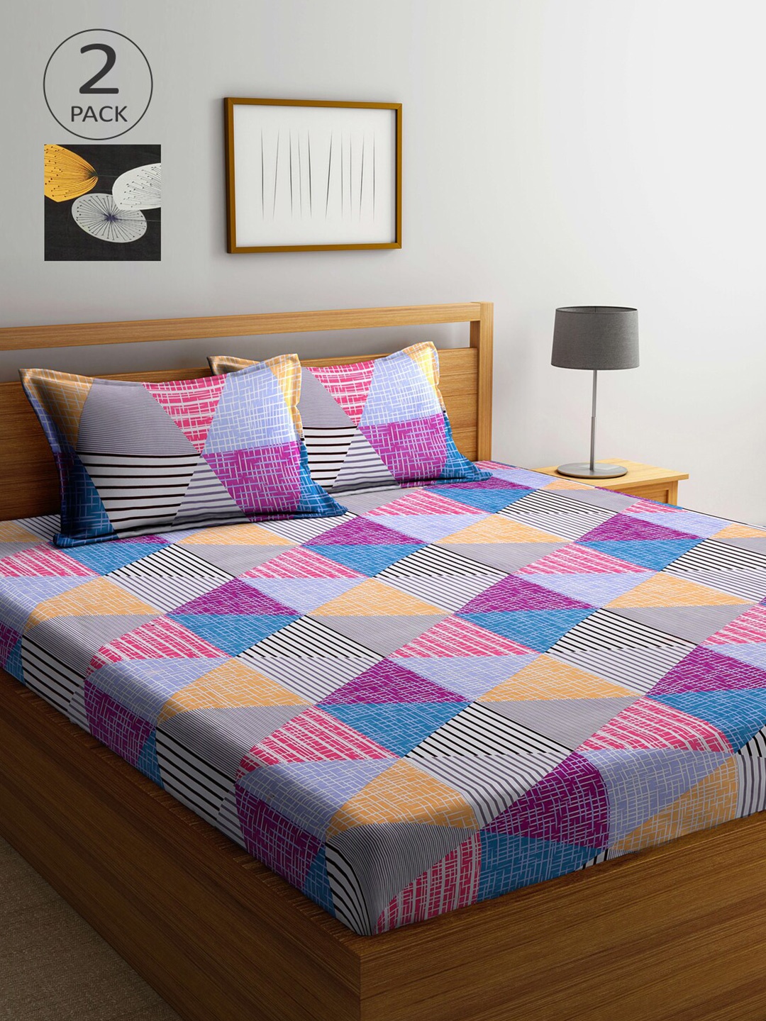 

Arrabi Set Of 2 Grey & Pink Graphic 300 TC King Bedsheet With 4 Pillow Covers