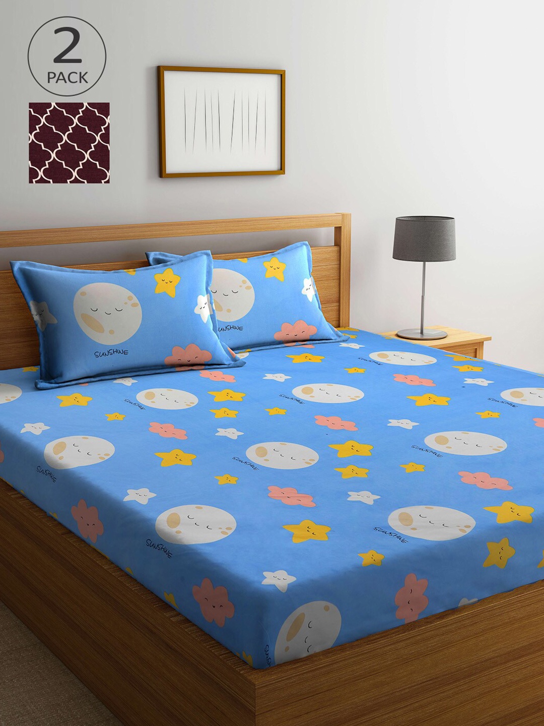 

Arrabi Maroon & Blue Cartoon Characters 300 TC 2 King Bedsheet with 4 Pillow Covers