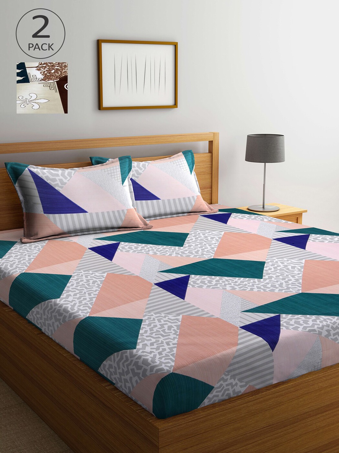 

Arrabi Pack Of 2 Grey & Pink Graphic 300 TC 2 King Bedsheet with 4 Pillow Covers