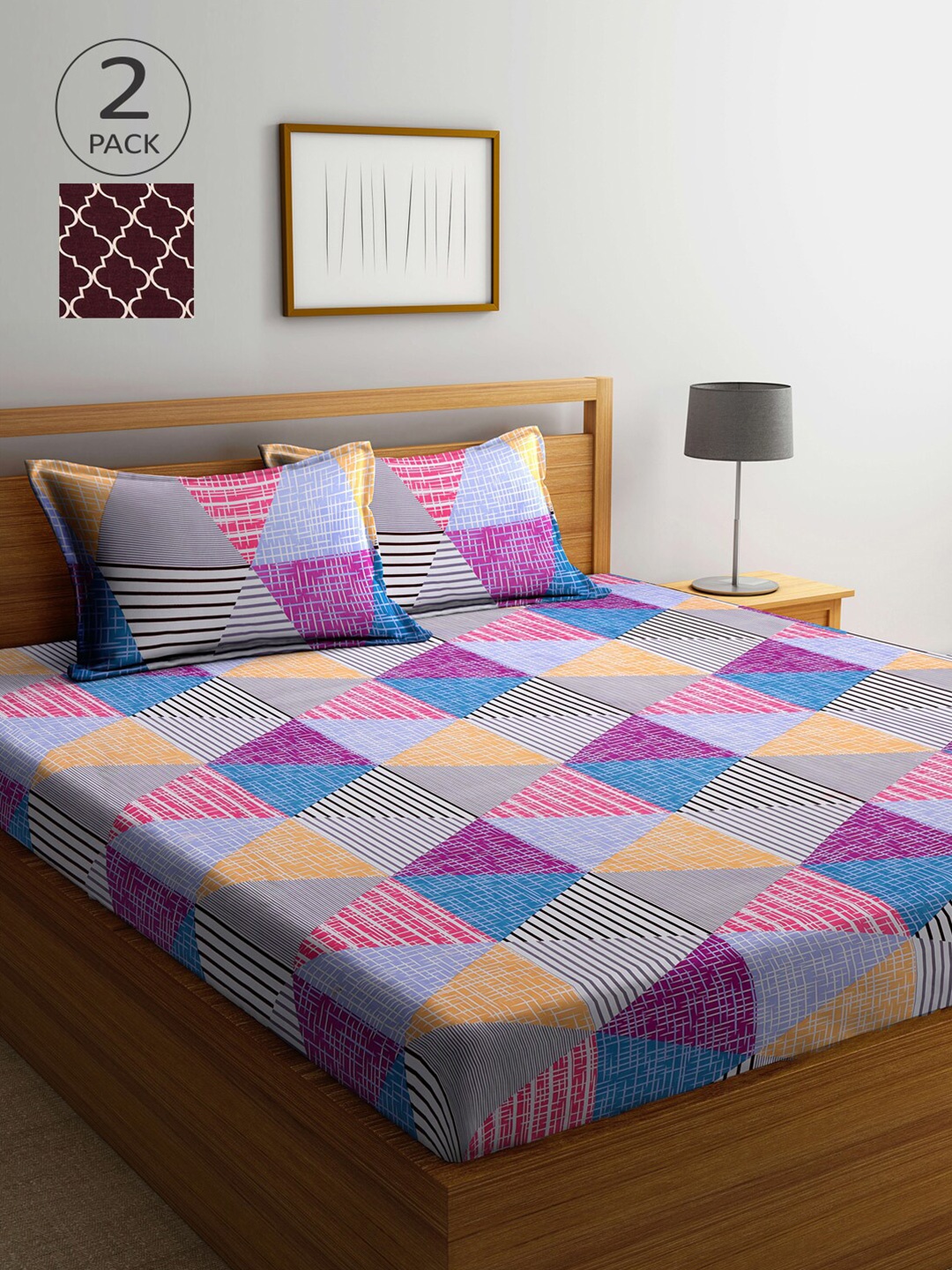 

Arrabi Maroon & Grey Geometric 300 TC 2 King Bedshees with 4 Pillow Covers