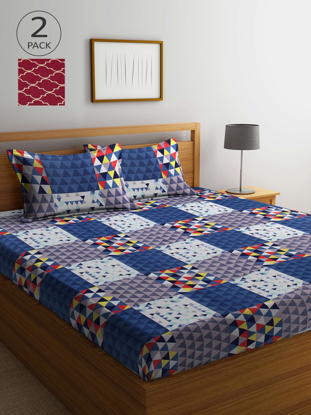 

Arrabi Maroon & Blue Geometric 300 TC 2 King Bedsheet with 4 Pillow Covers