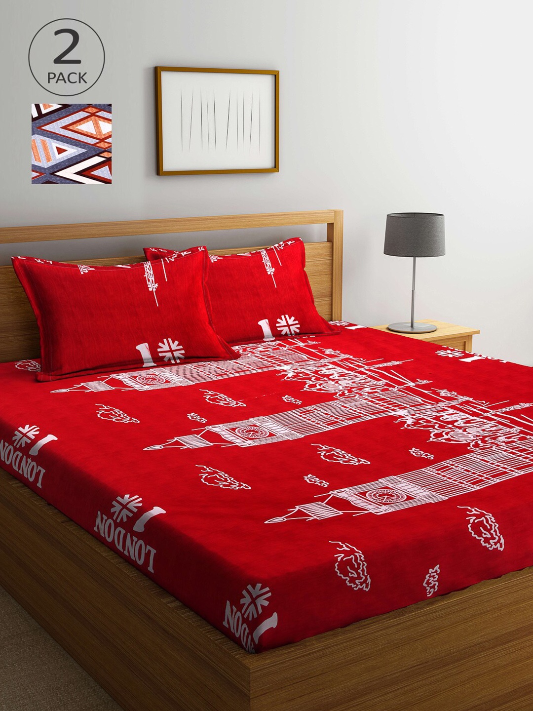 

Arrabi Red & Grey Graphic 300 TC 2 King Bedsheet with 4 Pillow Covers