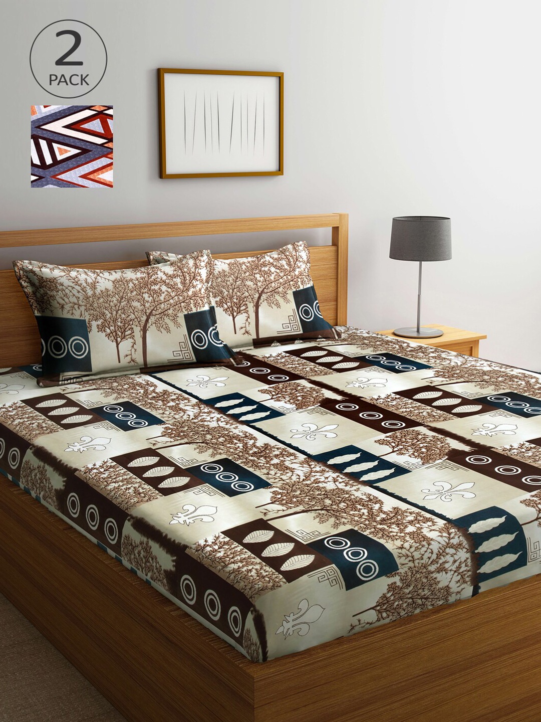 

Arrabi Set Of 2 Blue & Brown Graphic 300 TC King Bedsheet With 4 Pillow Covers