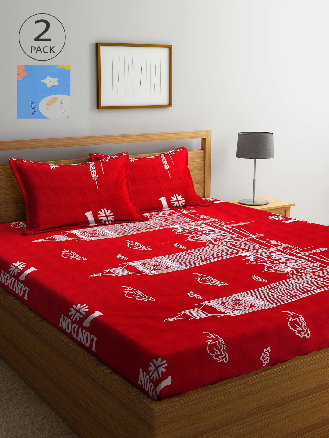 

Arrabi Red & Blue Graphic 300 TC 2 King Bedsheet with 4 Pillow Covers