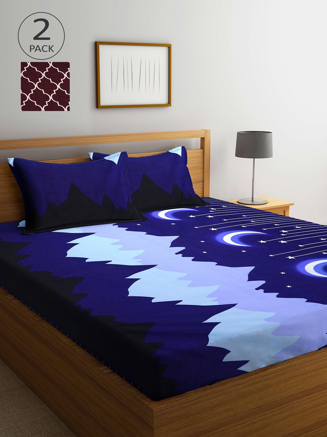 

Arrabi Pack Of 2 Maroon & Blue Graphic 300 TC 2 King Bedsheet with 4 Pillow Covers
