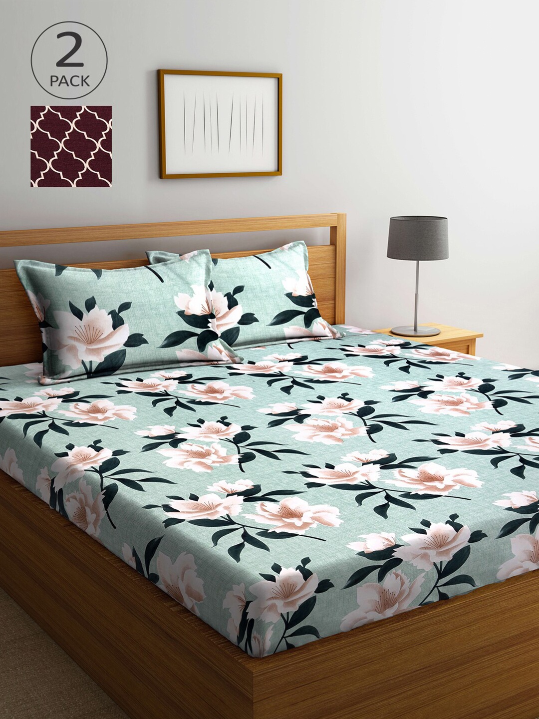 

Arrabi Sea Green & Maroon Floral 300 TC 2 King Bedsheets with 4 Pillow Covers