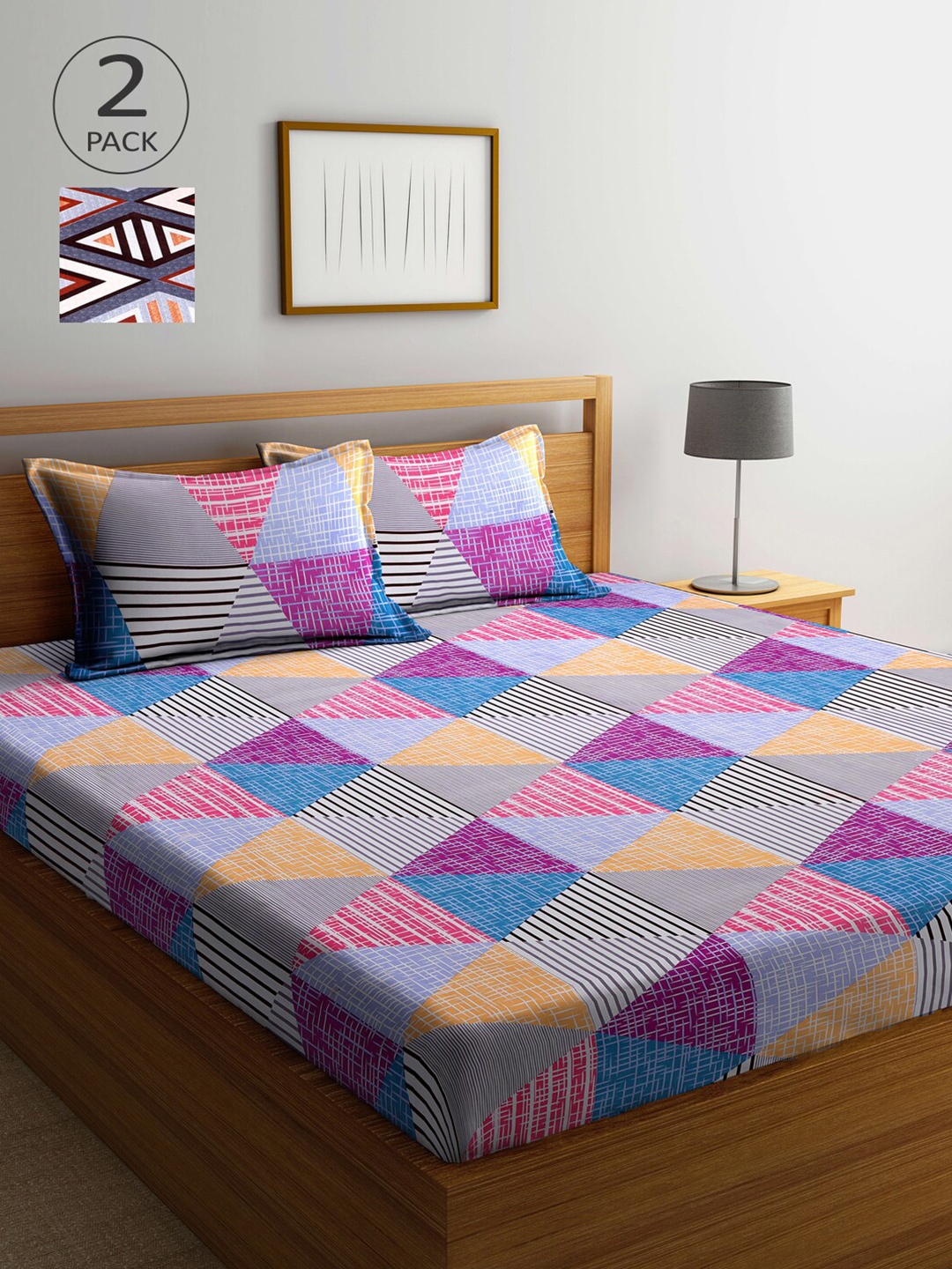 

Arrabi Grey & Blue Geometric 300 TC 2 King Bedsheet with 4 Pillow Covers