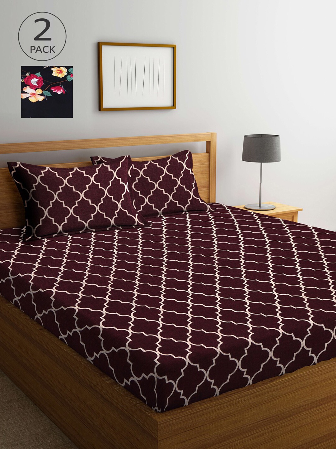 

Arrabi Black & Maroon Floral Printed 300 TC 2 King Bedsheet with 4 Pillow Covers