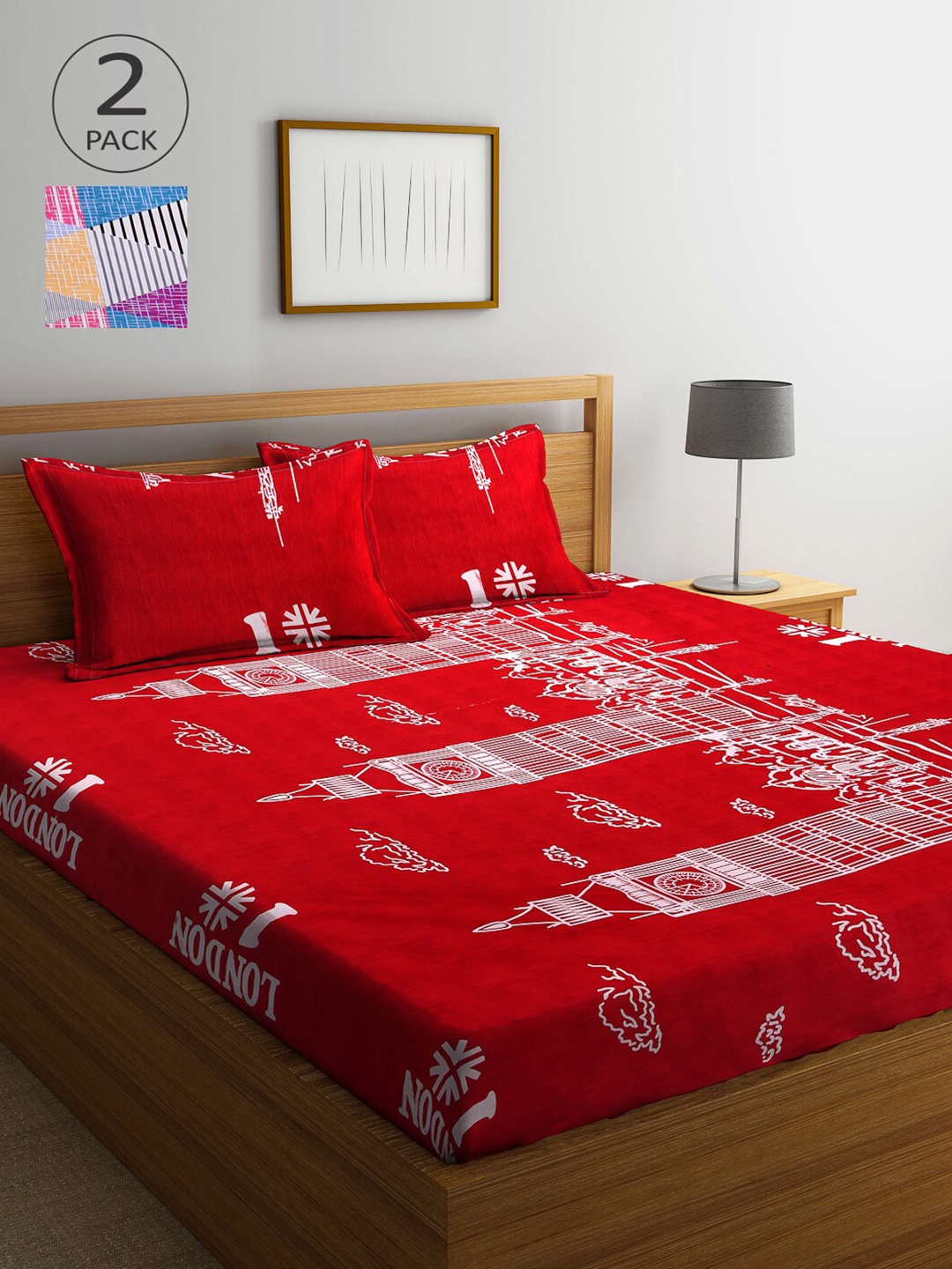 

Arrabi Pack Of 2 Red & Pink Graphic 300 TC 2 King Bedsheet with 4 Pillow Covers