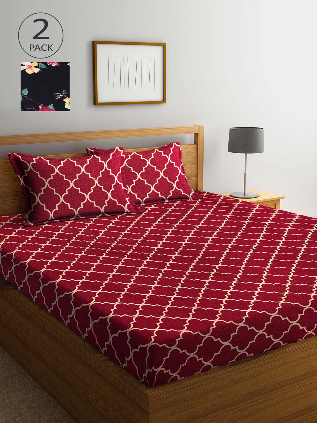

Arrabi Set Of 2 Maroon & Black Floral 300 TC 2 King Bedsheet with 4 Pillow Covers