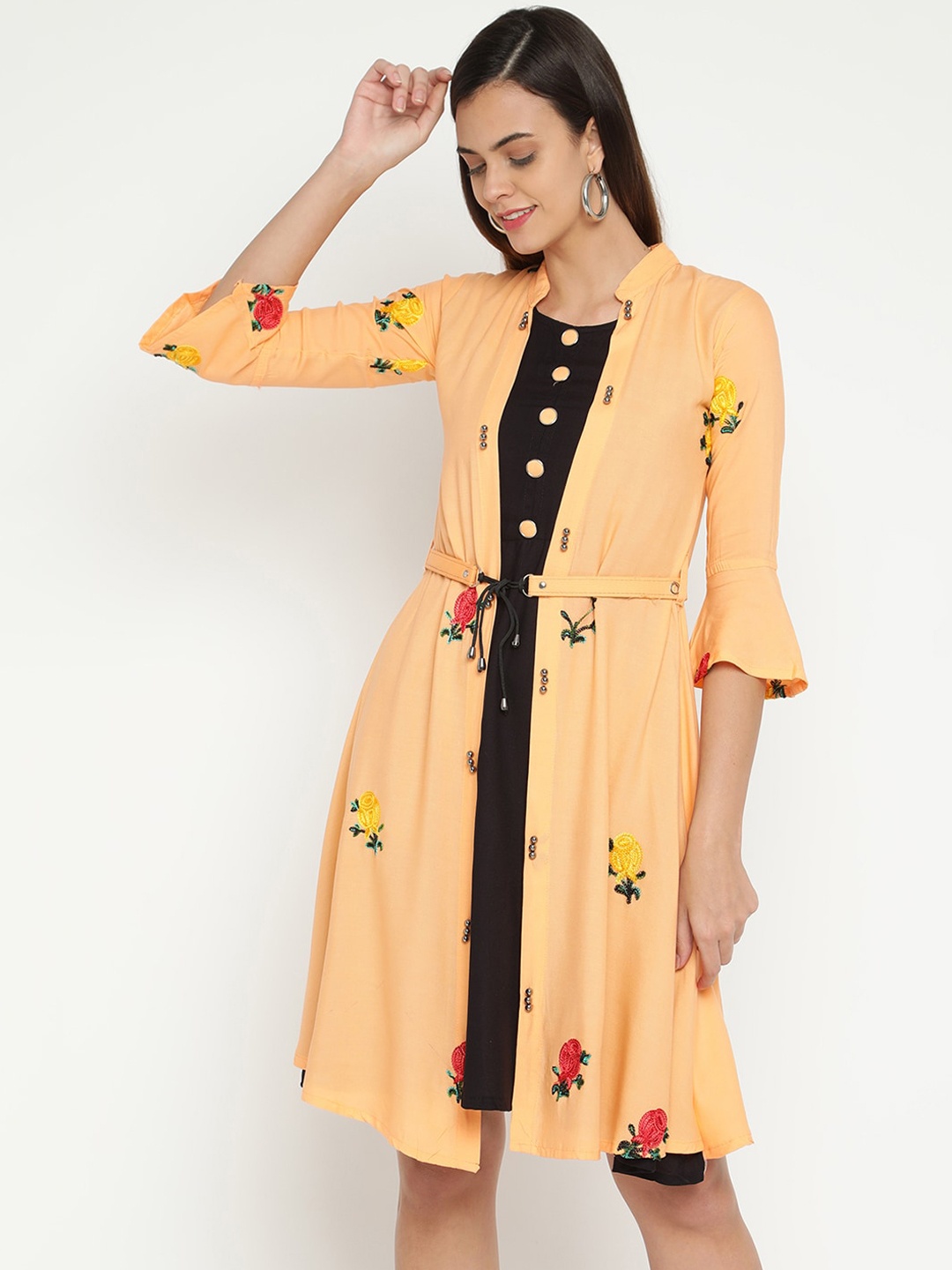 

V2 Value & Variety Peach-Coloured Floral Embroidered Dress