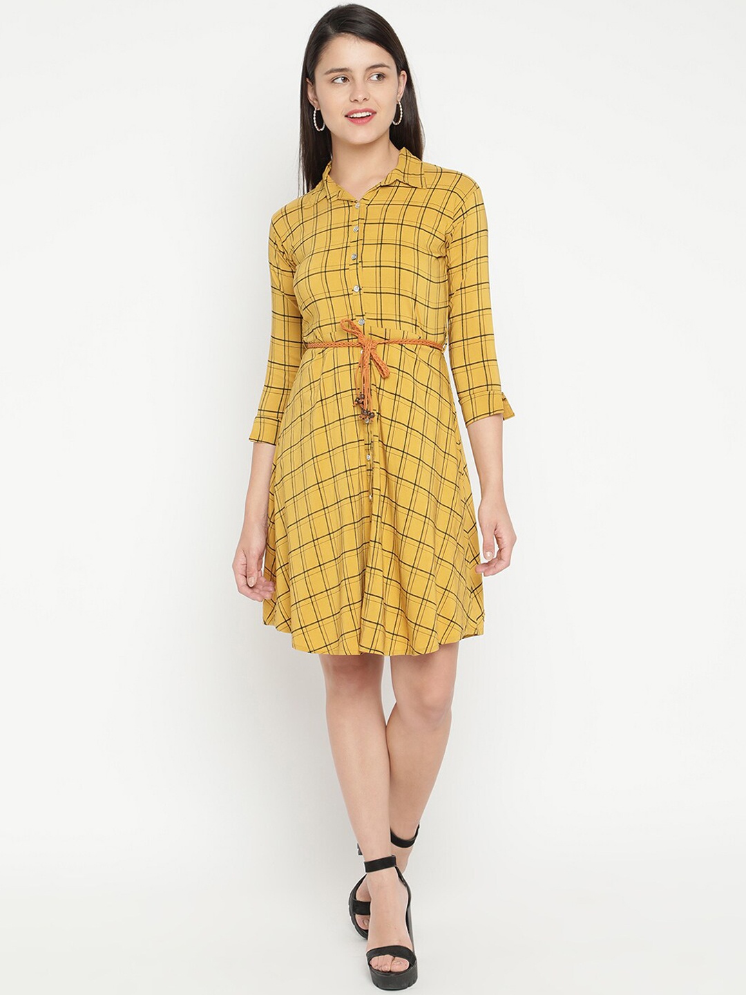 

V2 Value & Variety Mustard Yellow & Black Checked Dress