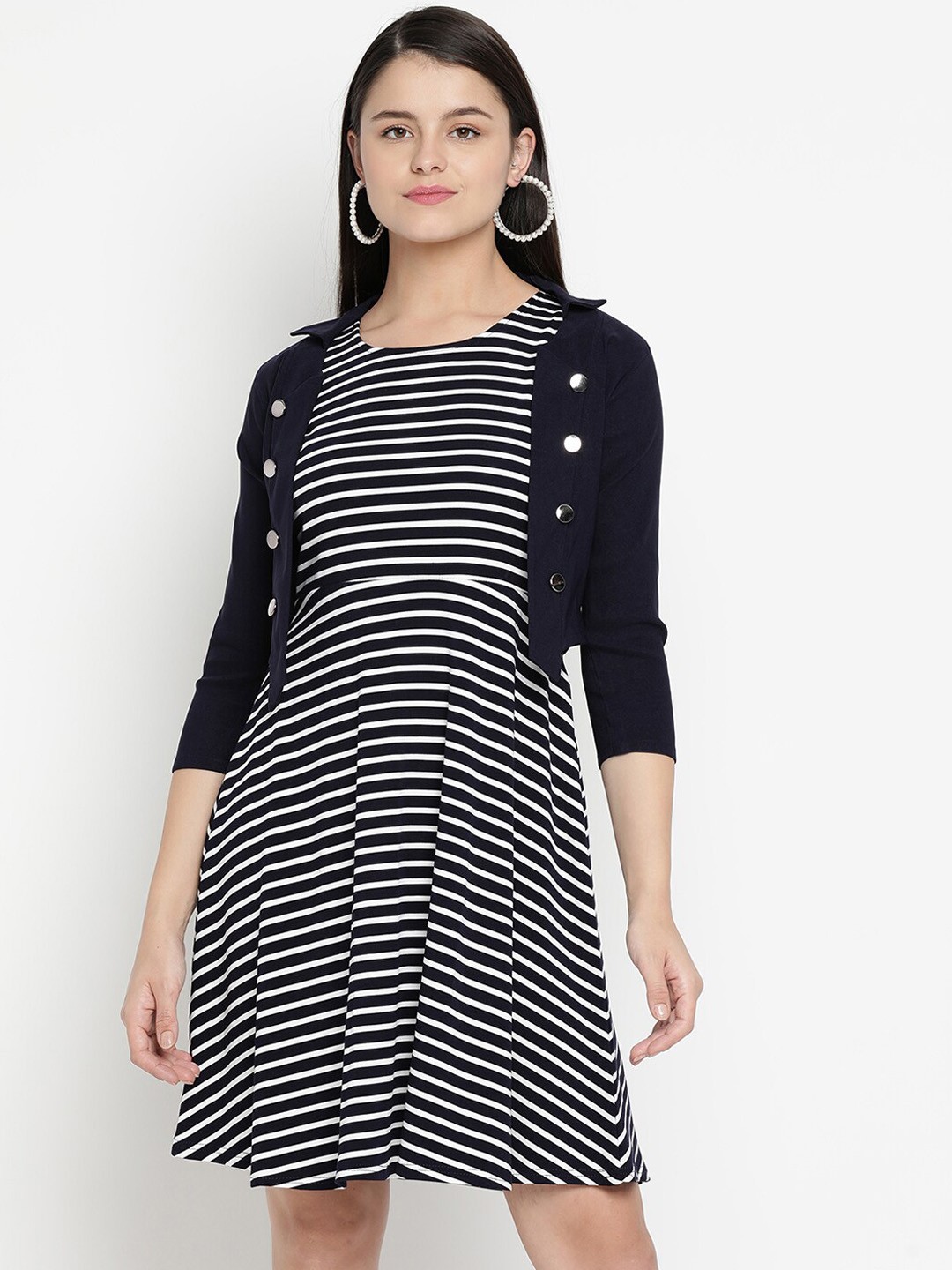 

V2 Value & Variety Navy Blue & White Striped Layered A-Line Dress