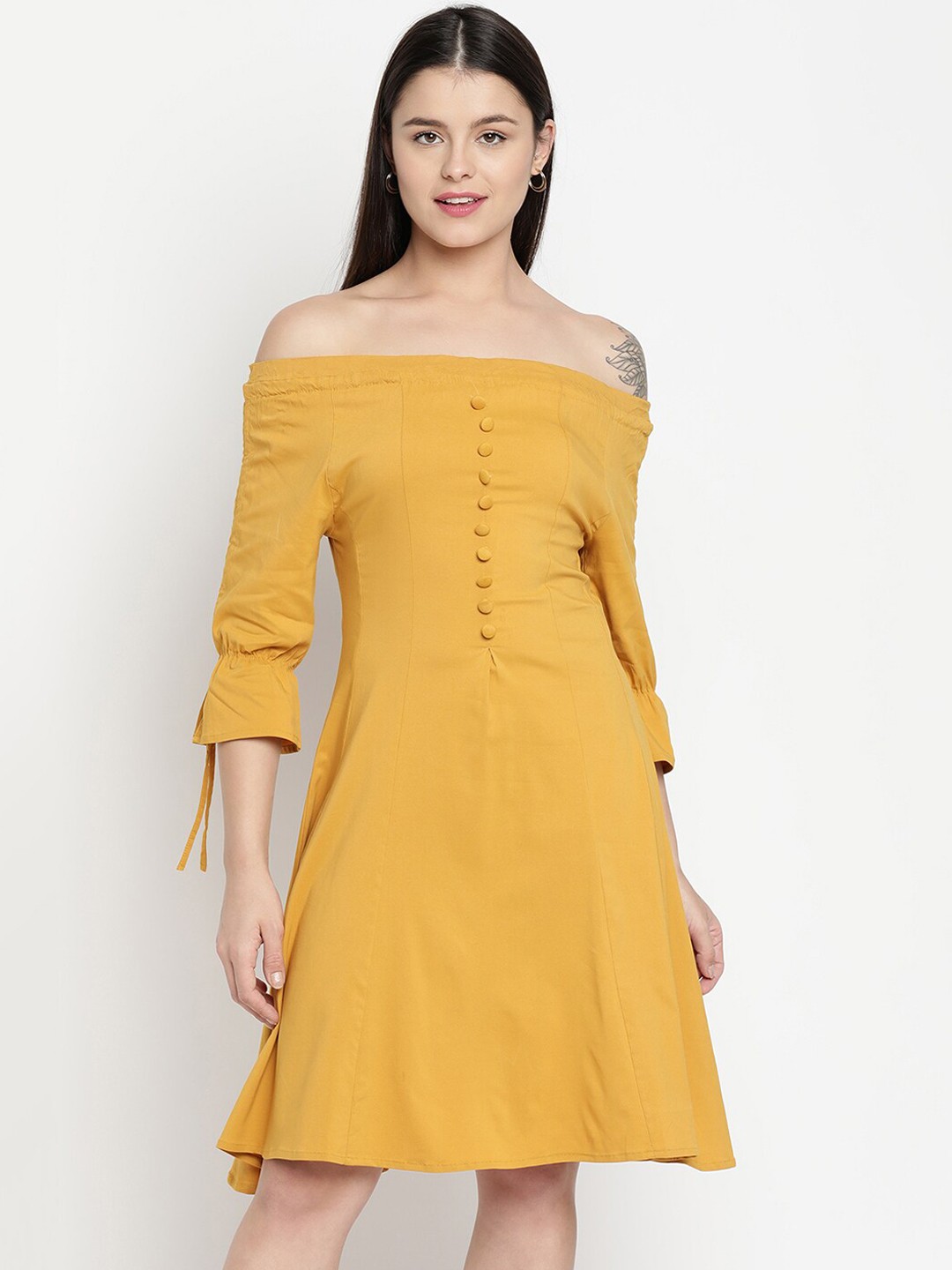 

V2 Value & Variety Mustard Yellow Off-Shoulder A-Line Dress