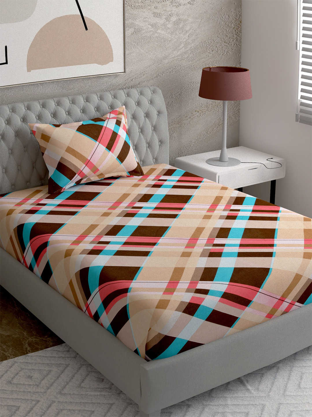 

EverHOME Beige & Brown Geometric 144 TC Single Bedsheet with 1 Pillow Covers