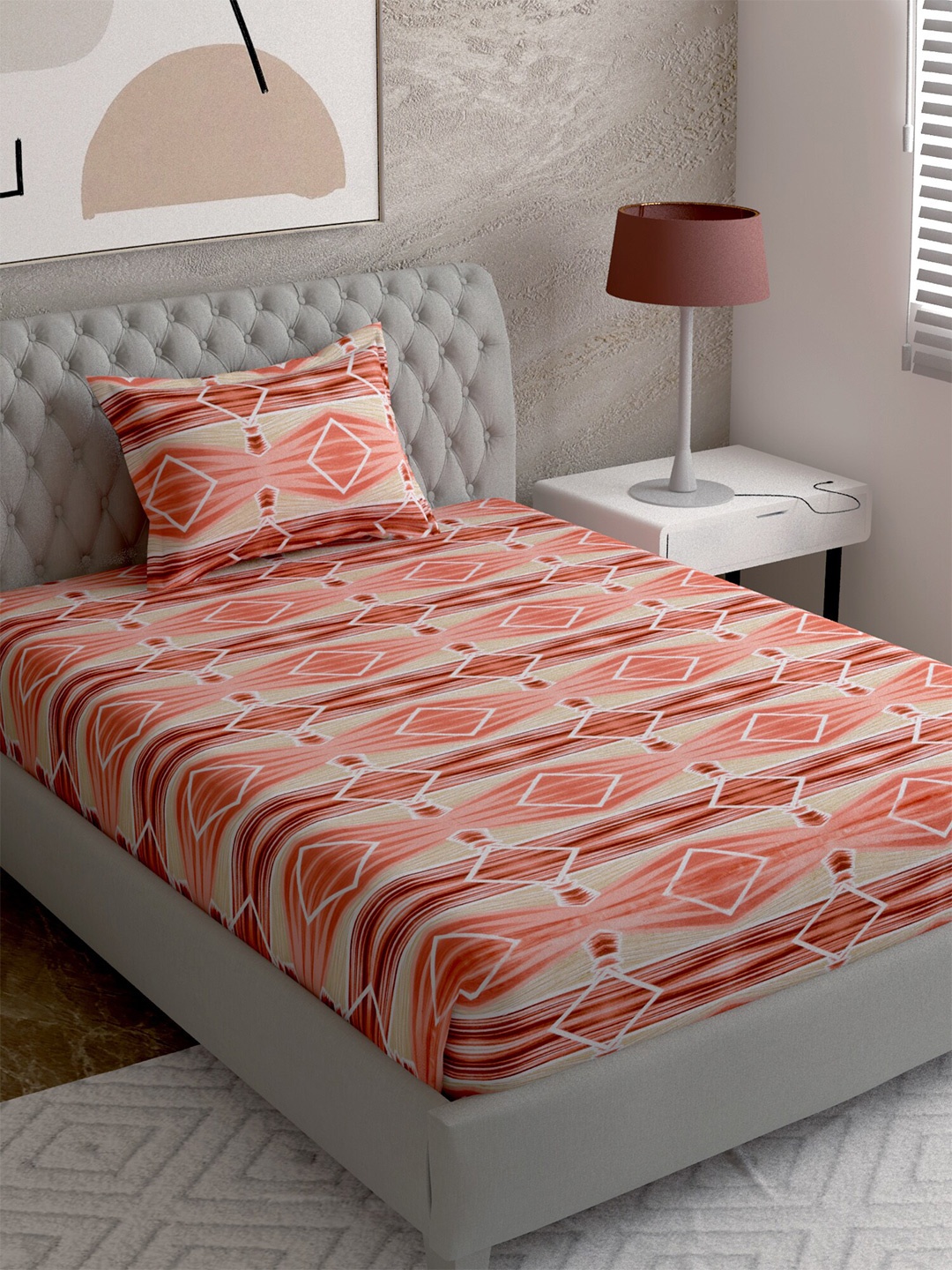 

EverHOME Orange & Brown Geometric 144 TC Single Bedsheet with 1 Pillow Covers