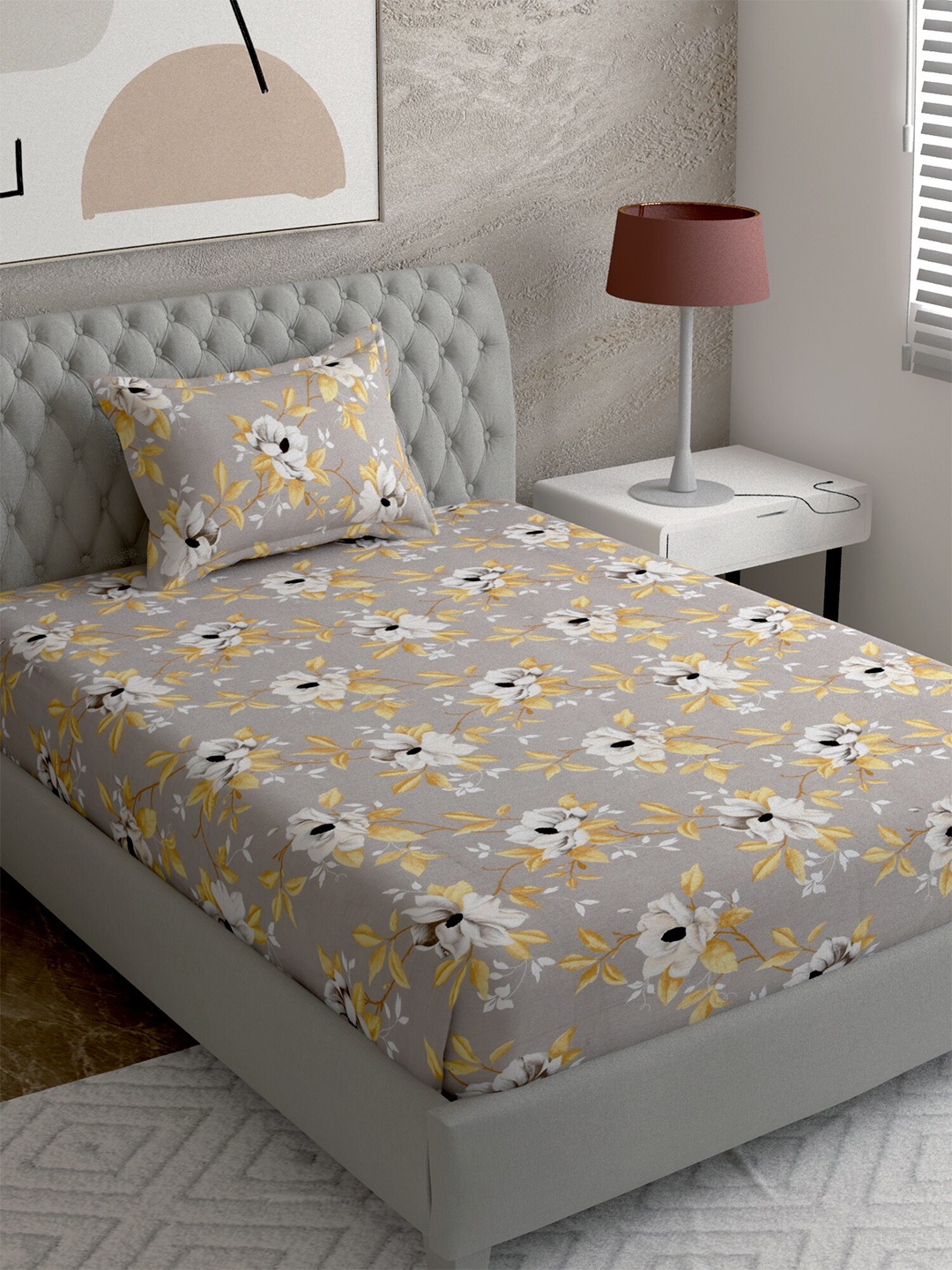 

EverHOME Grey & Mustard Yellow Floral 144 TC Single Bedsheet with 1 Pillow Covers