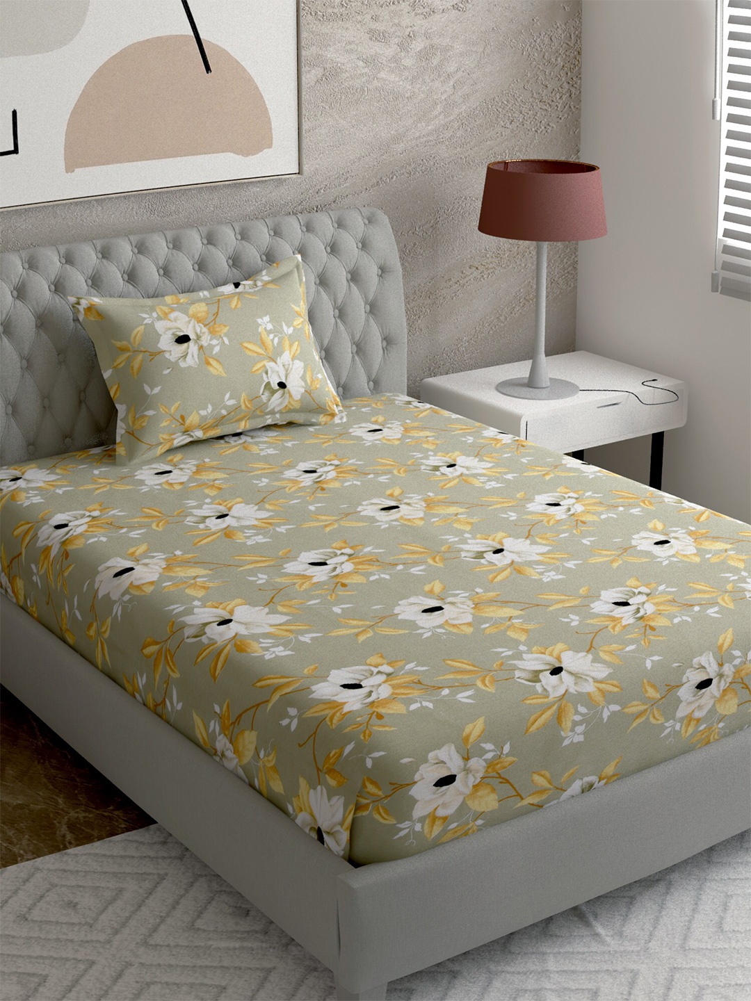 

EverHOME Olive Green Floral 144 TC Single Bedsheet with 1 Pillow Cover