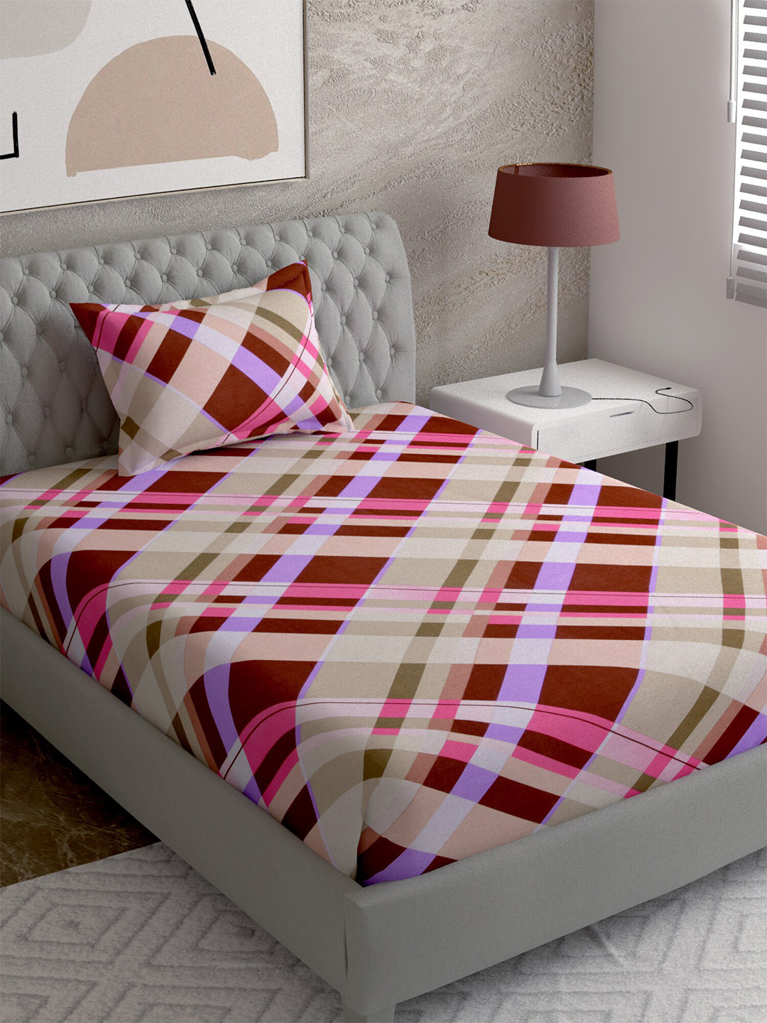 

EverHOME Pink & Beige Geometric 144 TC Cotton Single Bedsheet with 1 Pillow Covers
