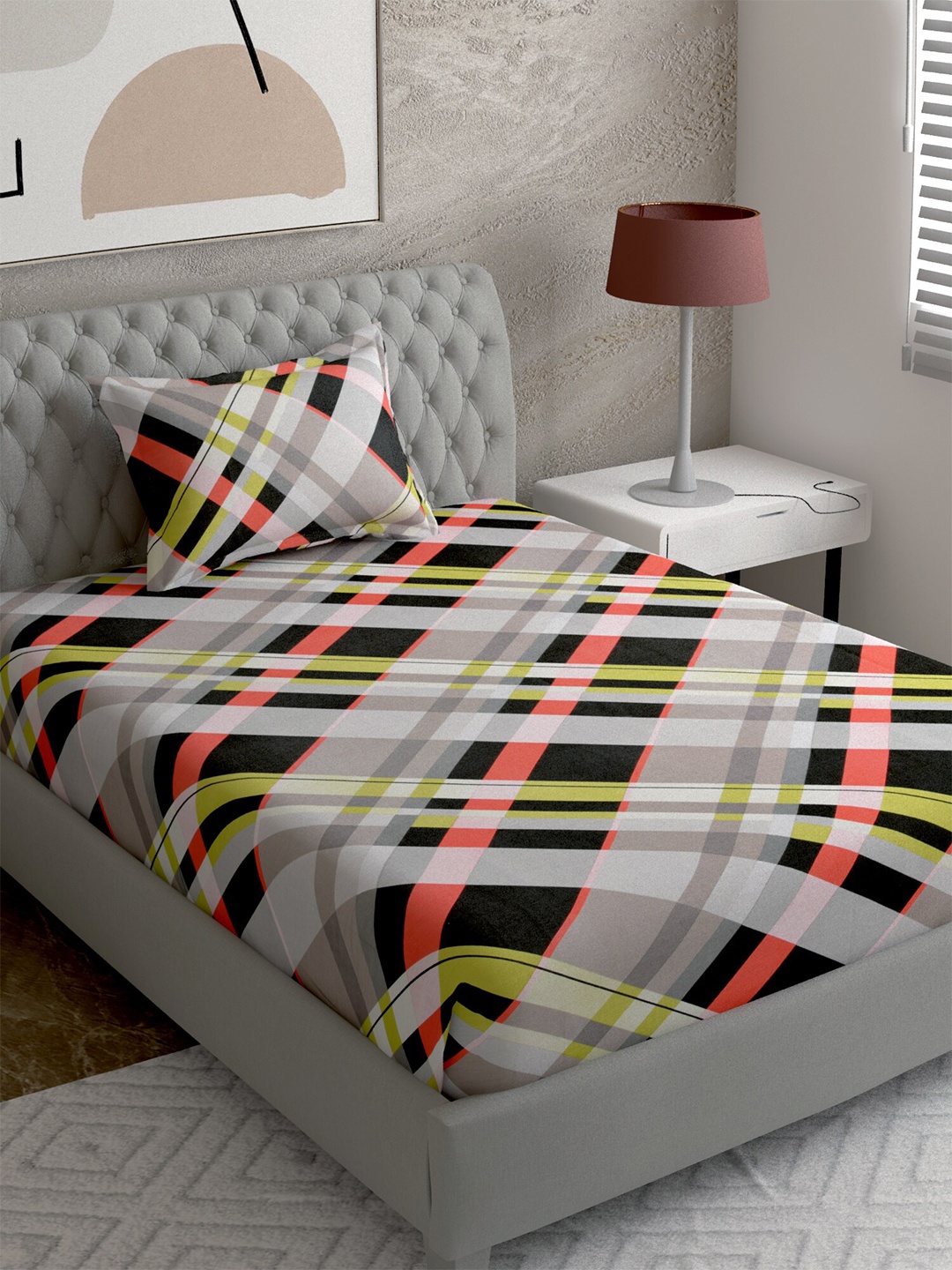 

EverHOME Multicoloured Geometric Printed 144 TC Cotton Single Bedsheet & 1 Pillow Covers, Multi
