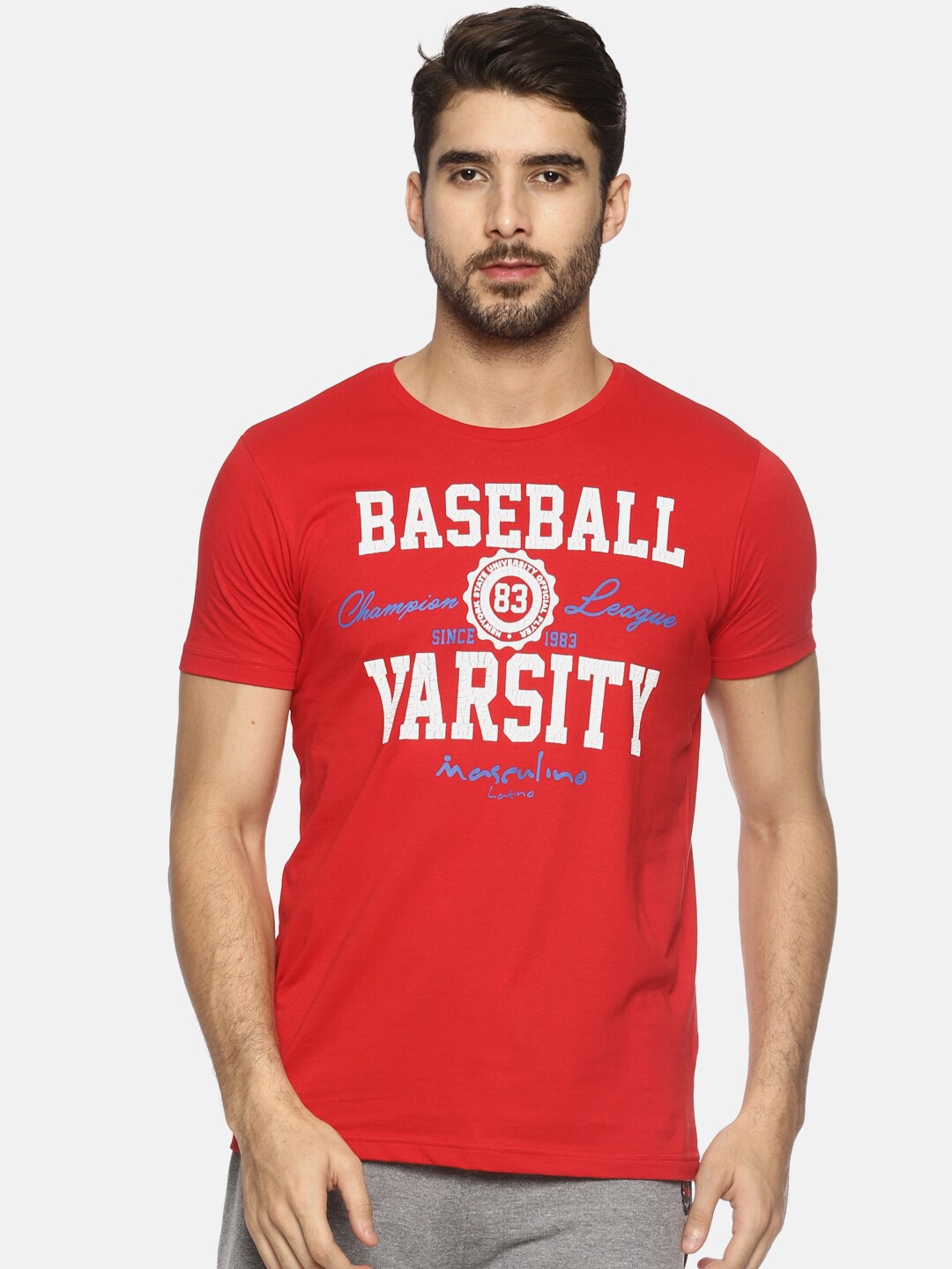 

Masculino Latino Men Red Pure Cotton Typography Printed T-shirt