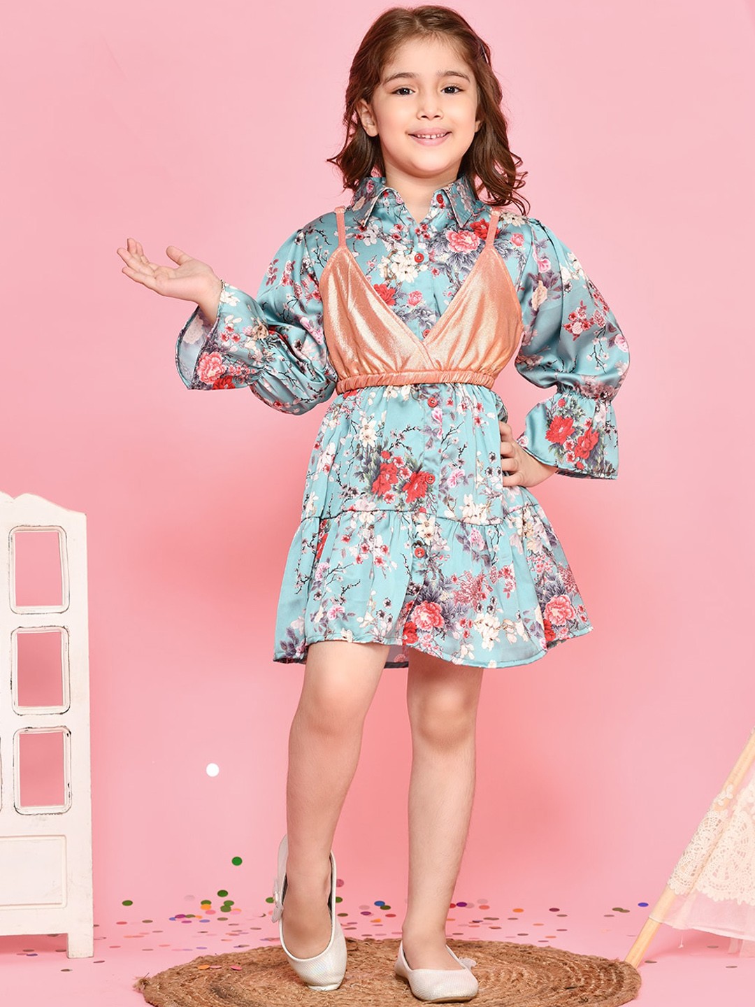 

LilPicks Girls Blue & White Floral Printed Shirt Dress with Shimmer Crop Top