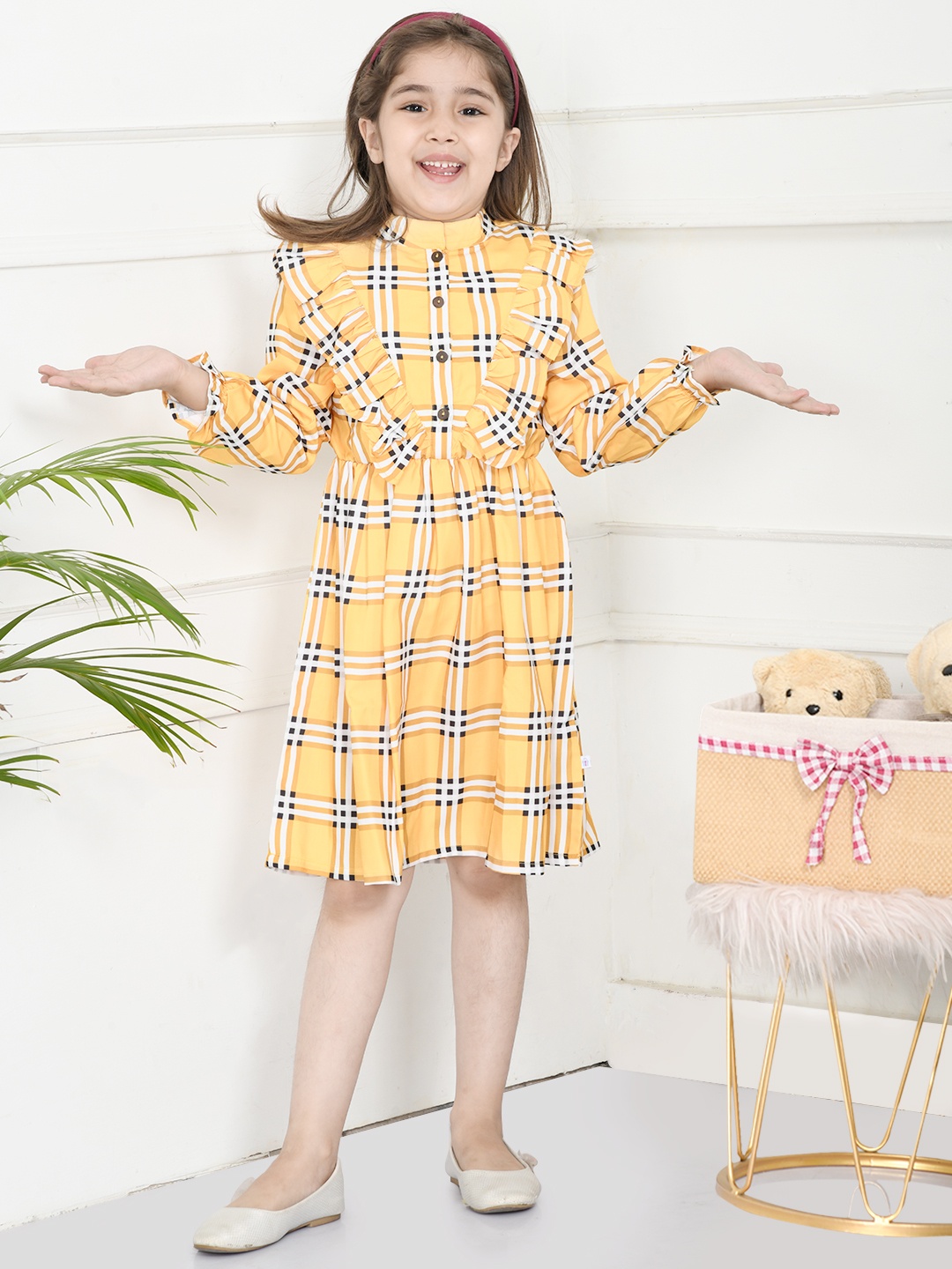 

LilPicks Yellow & Off White Checked Dress