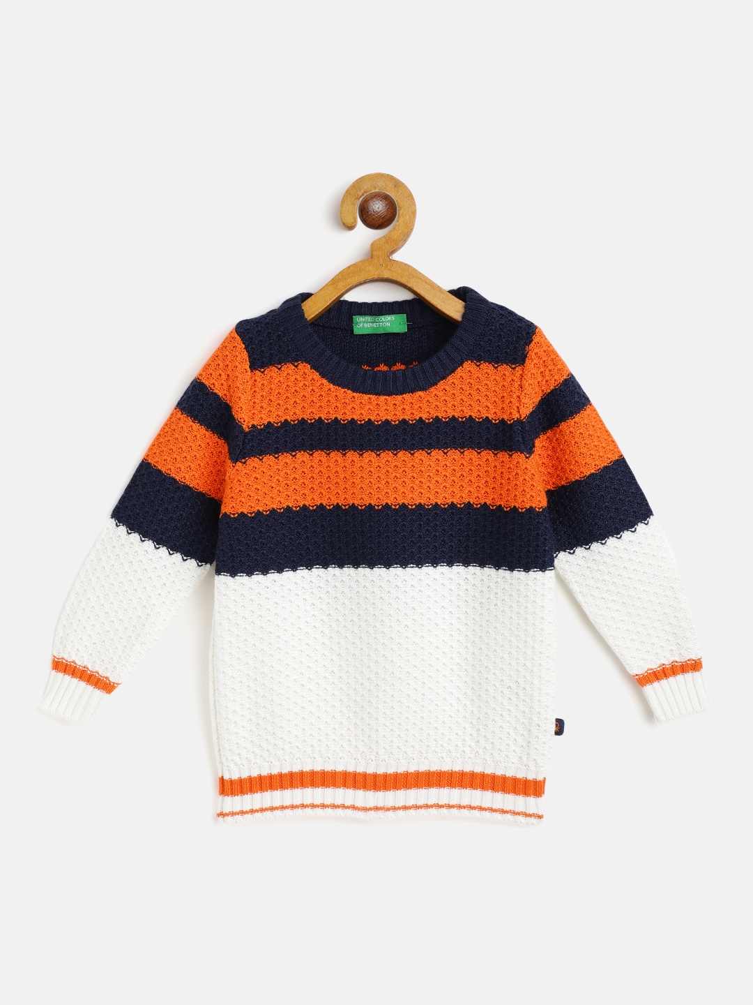 

United Colors of Benetton Boys White & Navy Blue Striped Cotton Pullover