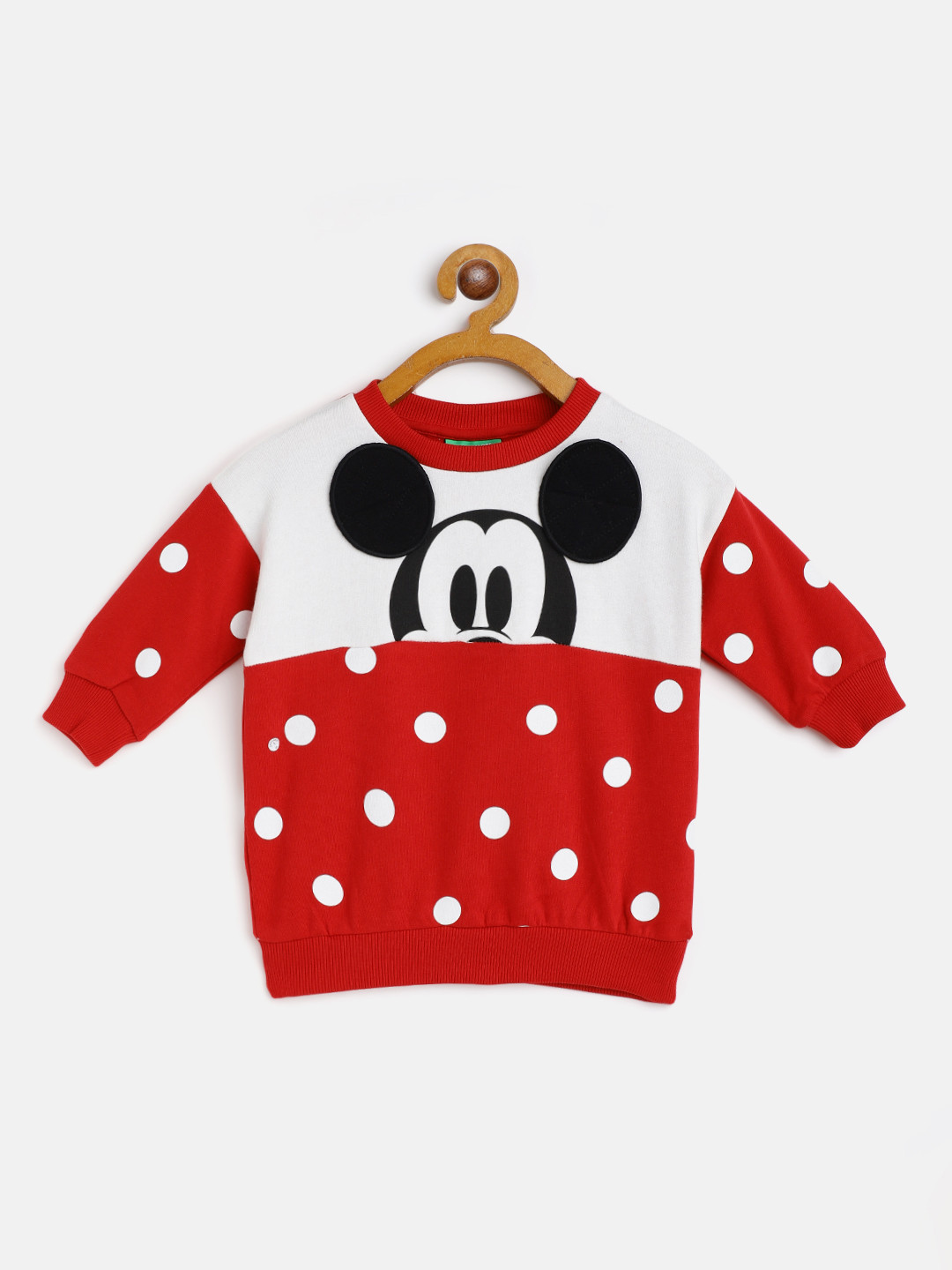 

United Colors of Benetton Girls Red & White Polka Dot Mickey Mouse Print Cotton Sweatshirt