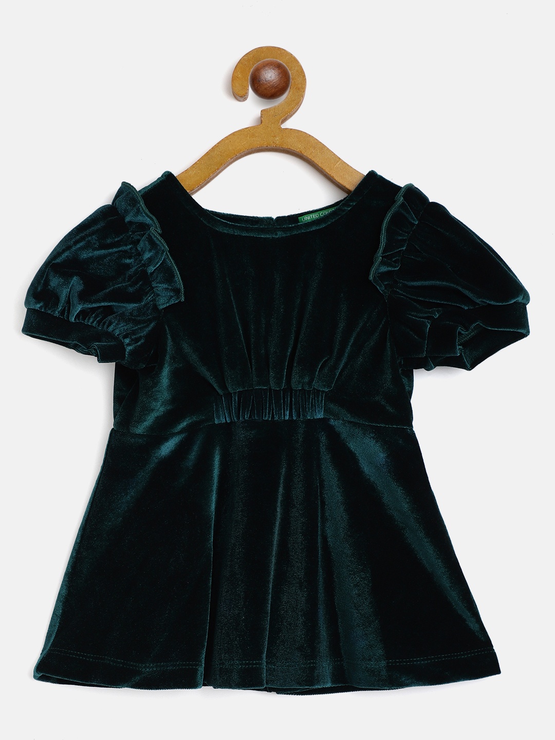 

United Colors of Benetton Girls Green Solid Ruffled & Ruched Detail Velvet Dress