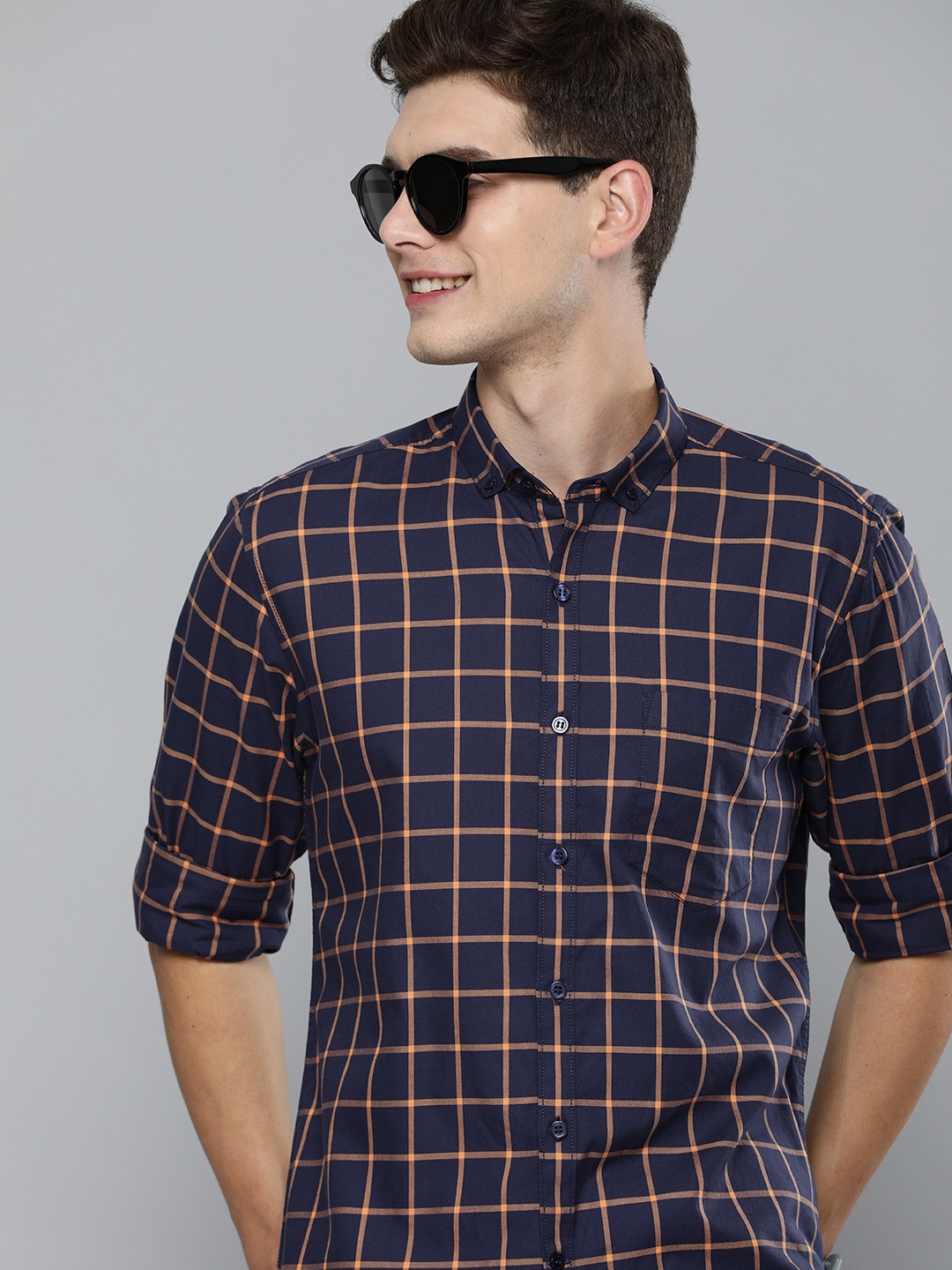 

Mast & Harbour Men Blue Slim Fit Windowpane Checked Pure Cotton Casual Shirt