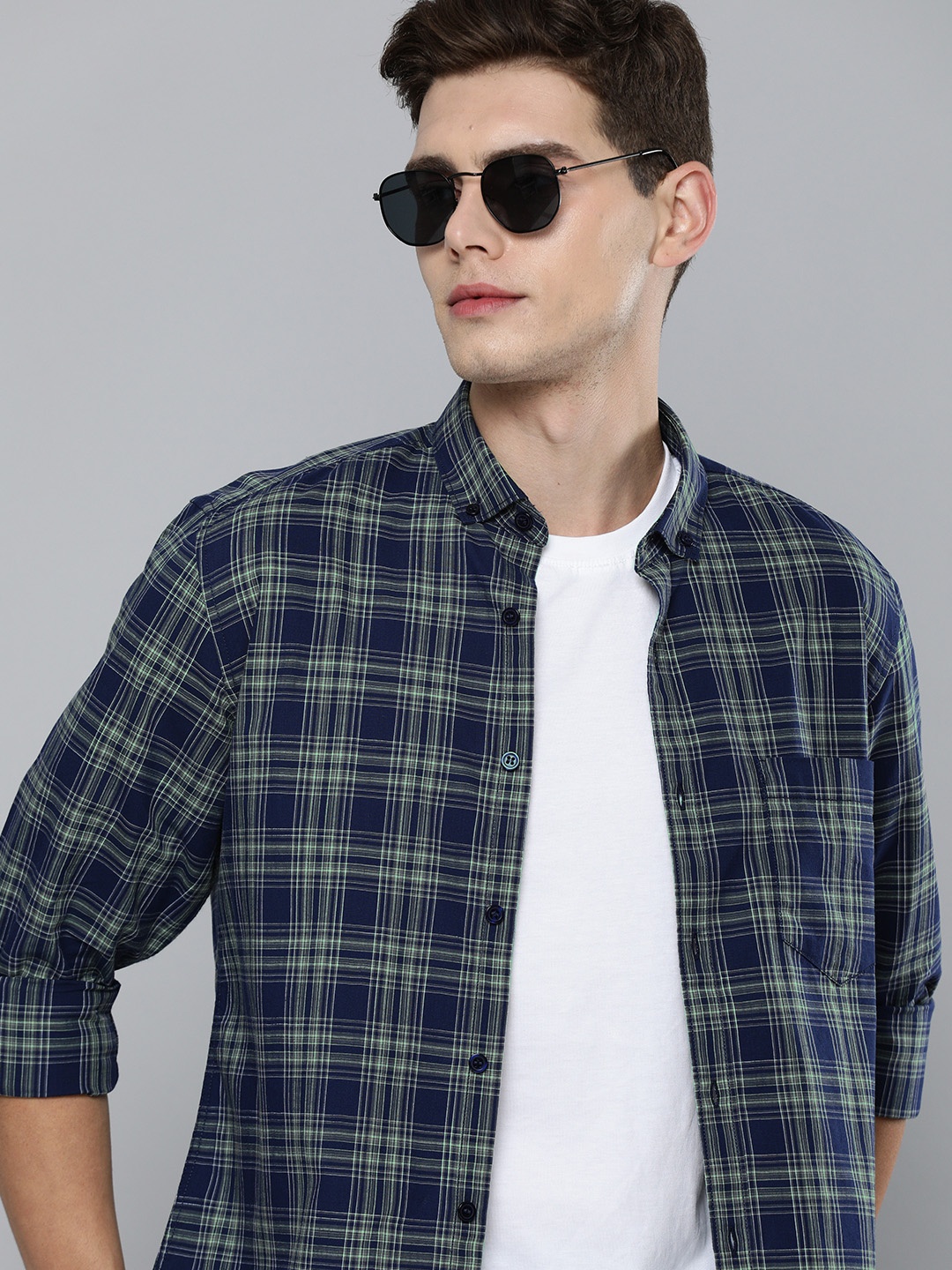 

Mast & Harbour Men Blue And Grey Slim Fit Tartan Checked Pure Cotton Casual Shirt
