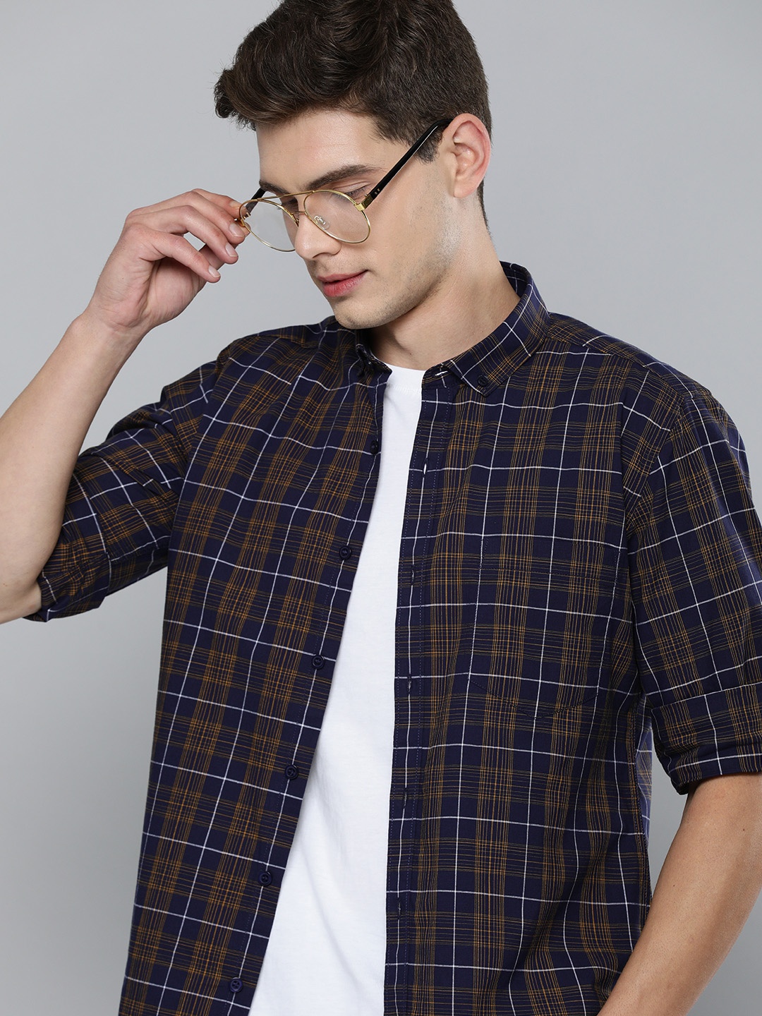 

Mast & Harbour Men Navy Blue And Mustard Slim Fit Checked Pure Cotton Casual Shirt