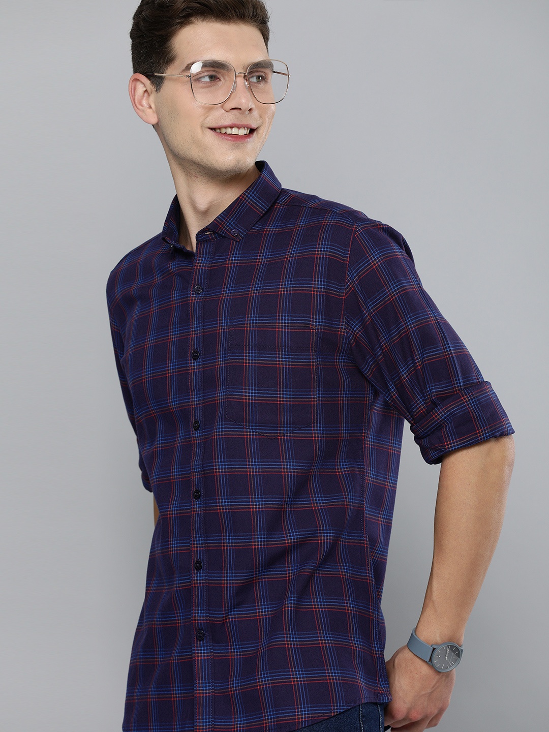 

Mast & Harbour Men Blue Slim Fit Checked Pure Cotton Casual Shirt