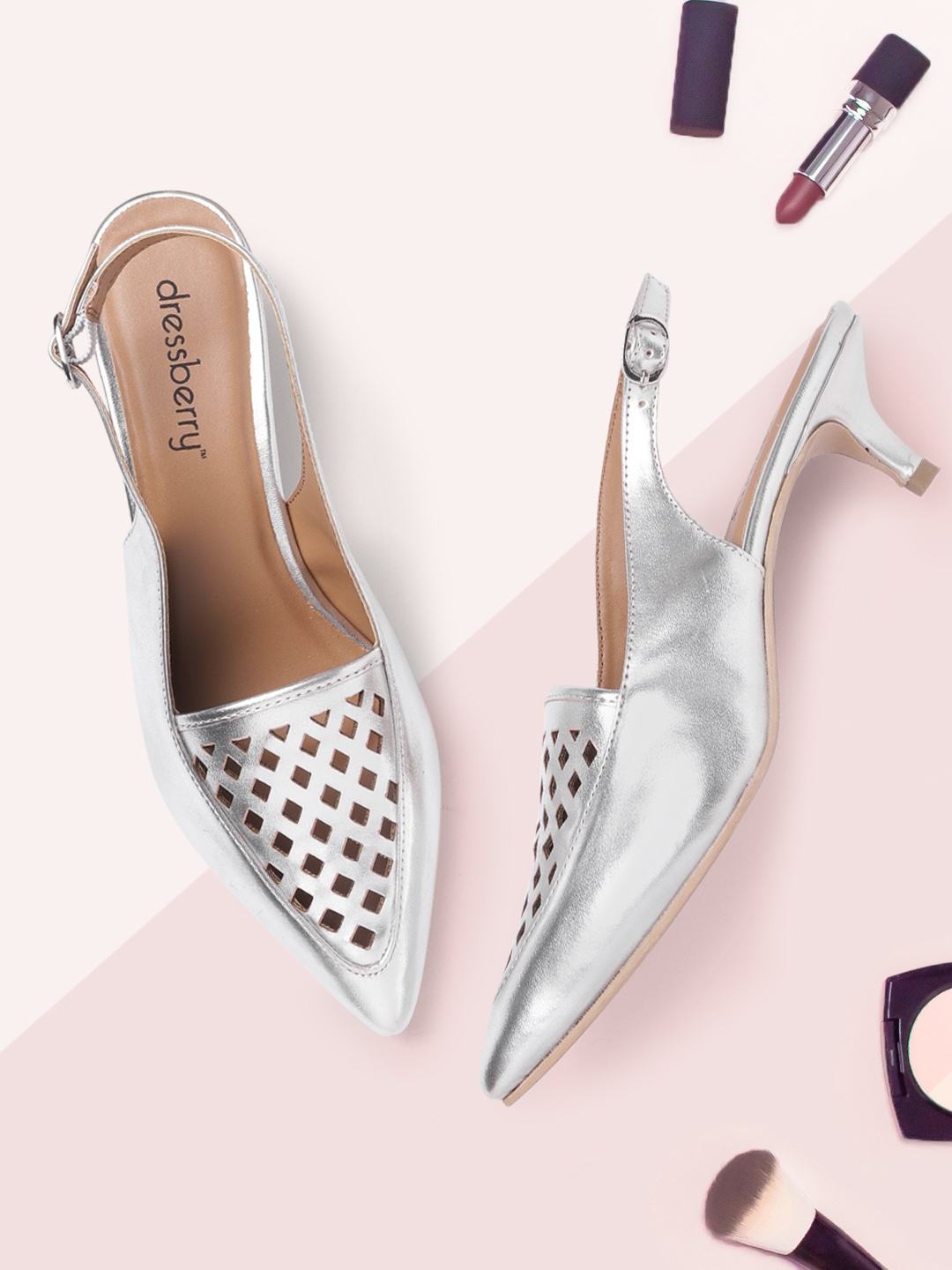 

DressBerry Women Silver-Toned Laser Cut Kitten Mules