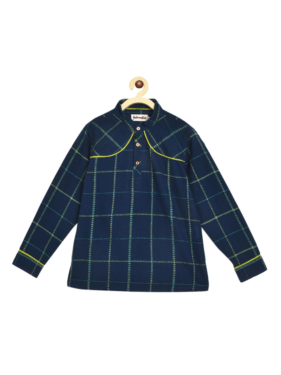 

Fabindia Boys Navy Blue & Green Checked Dobby Cotton Straight Kurta