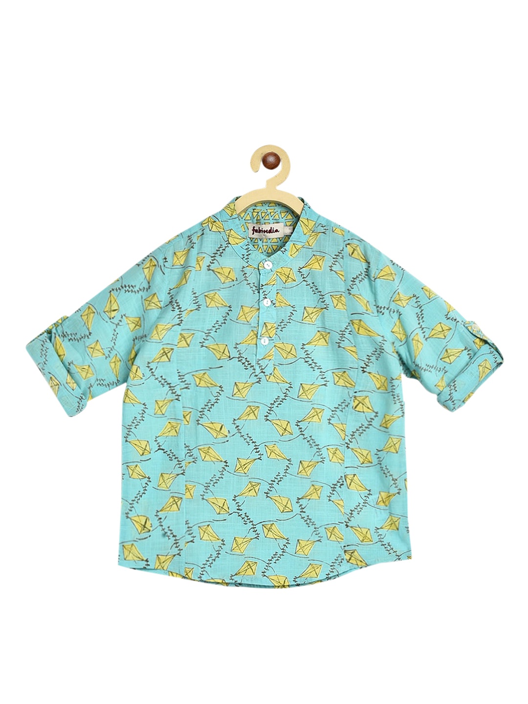 

Fabindia Boys Sea Green & Yellow Floral Printed Cotton Kurta