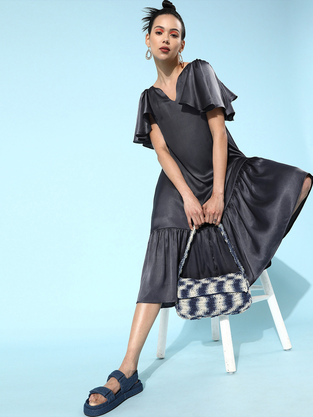 

MISH Women Deep Navy Blue Solid Satin Dress