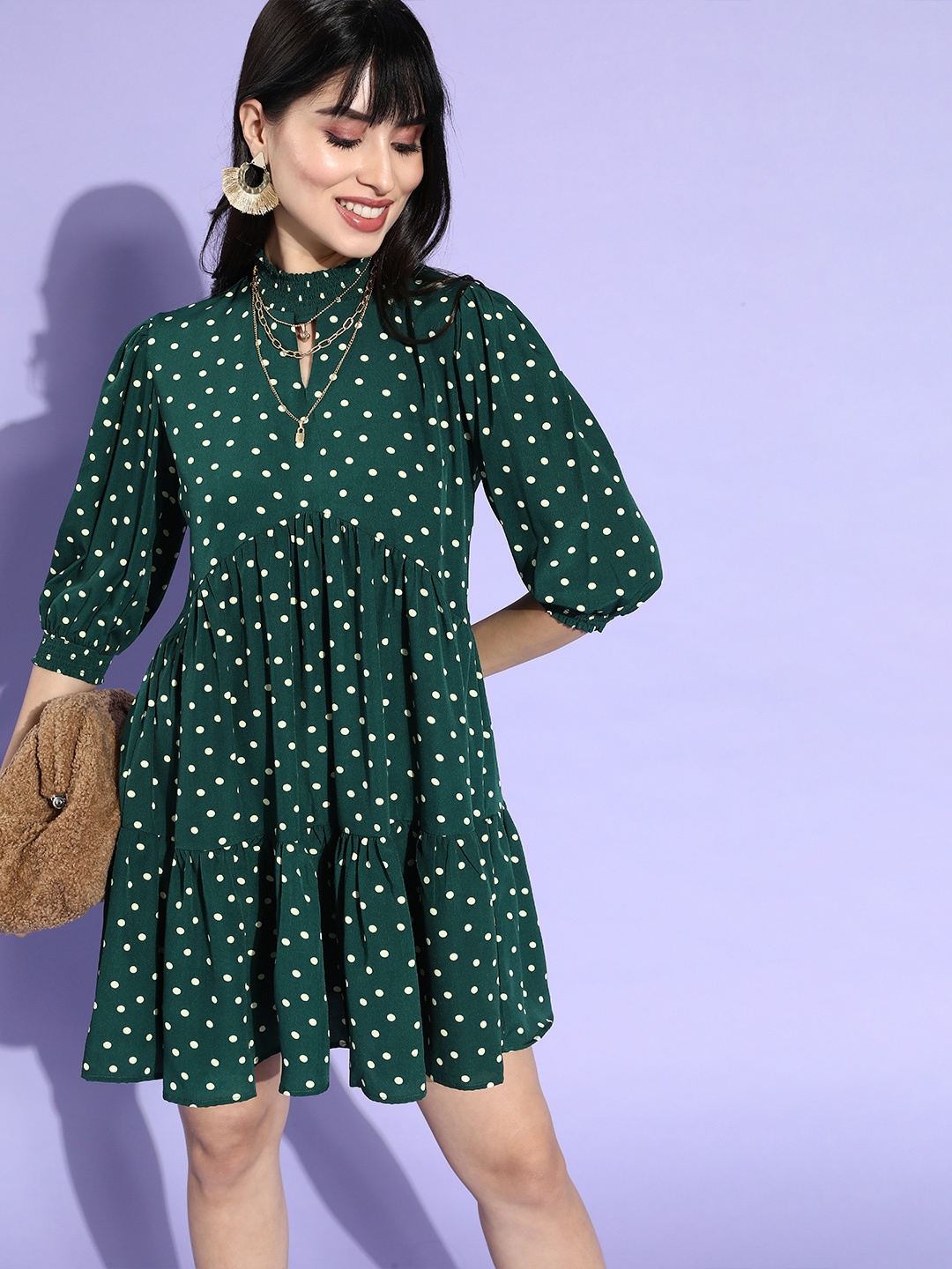 

Style Quotient Women Green Polka Dotted Keyhole Neck Dress