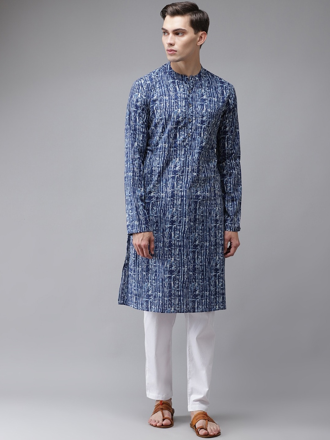 

See Designs Men Blue Printed Thread Work Indigo Kurta