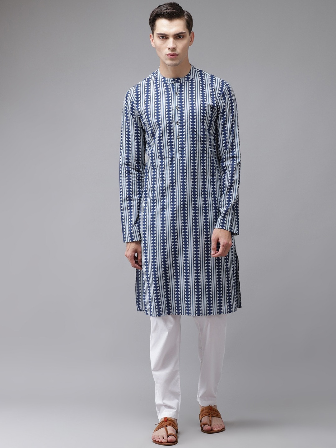 

See Designs Men Blue Printed Thread Work Indigo Kurta