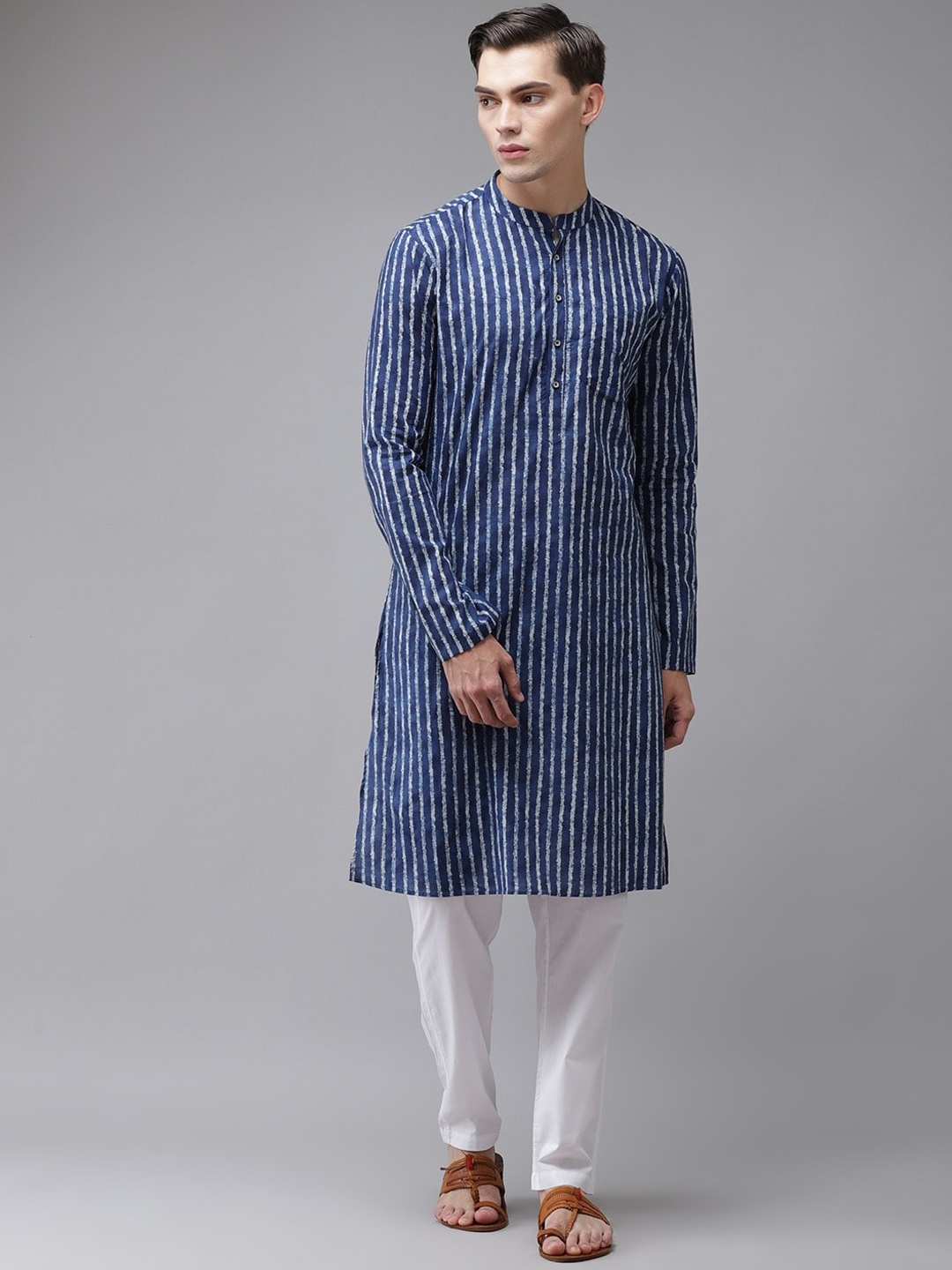 

See Designs Men Blue & White Striped Pure Cotton Kurta